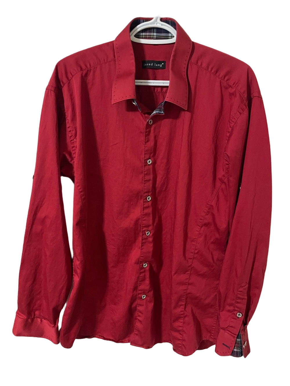 Jared Lang Red Long-Sleeve Fitted Dress Shirt With Plaid Detail Size XL